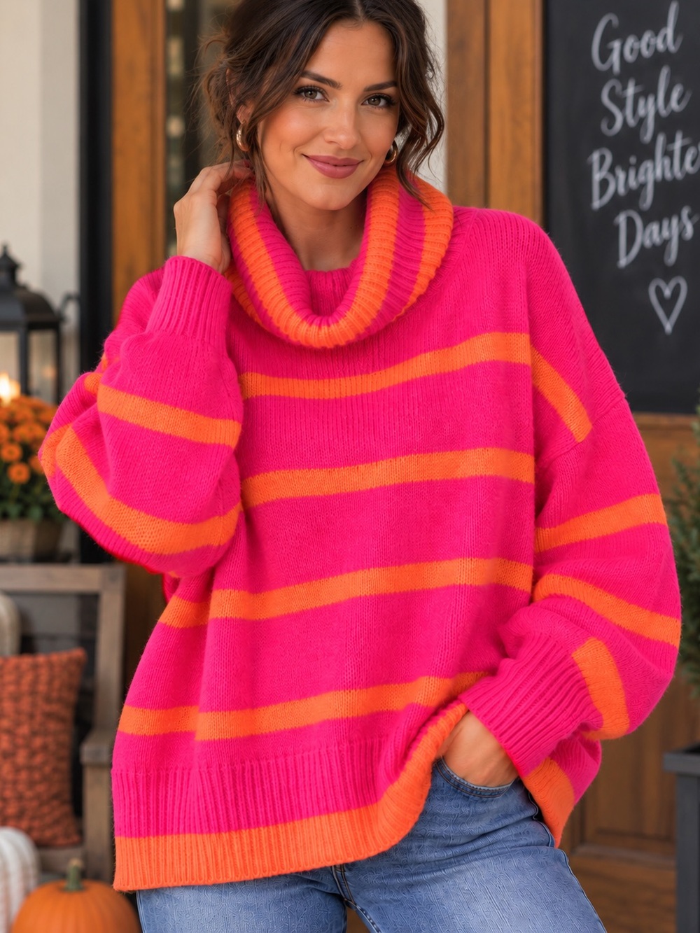 Davi & Dani Size L Hot Pink Orange Striped Oversized Cowl Neck Sweater